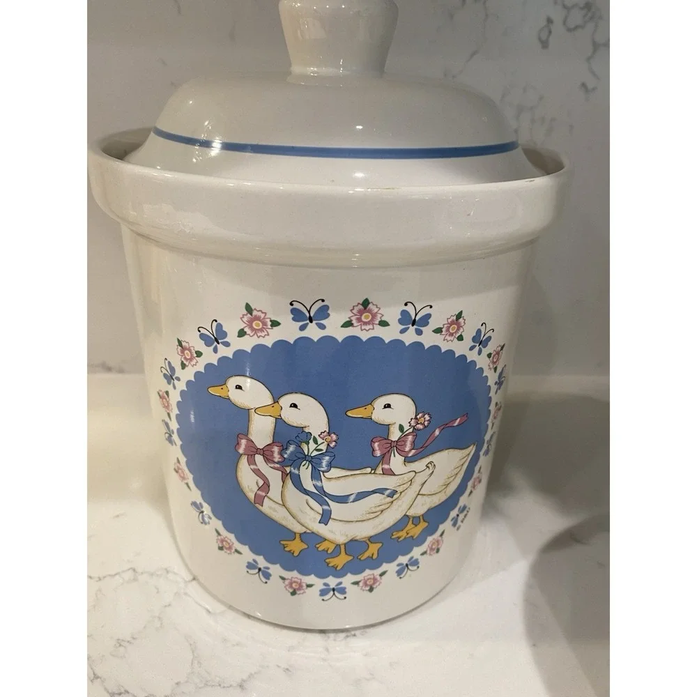 Vintage Ribbon Geese Treasure Craft USA Canister Set 3 Ceramic Farmhouse Country